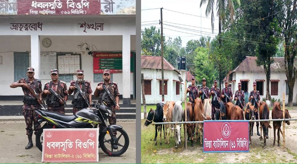 পাটগ্রাম সীমান্তে বিজিবির অভিযানে ভারতীয় মোটরসাইকেল ও গরু আটক